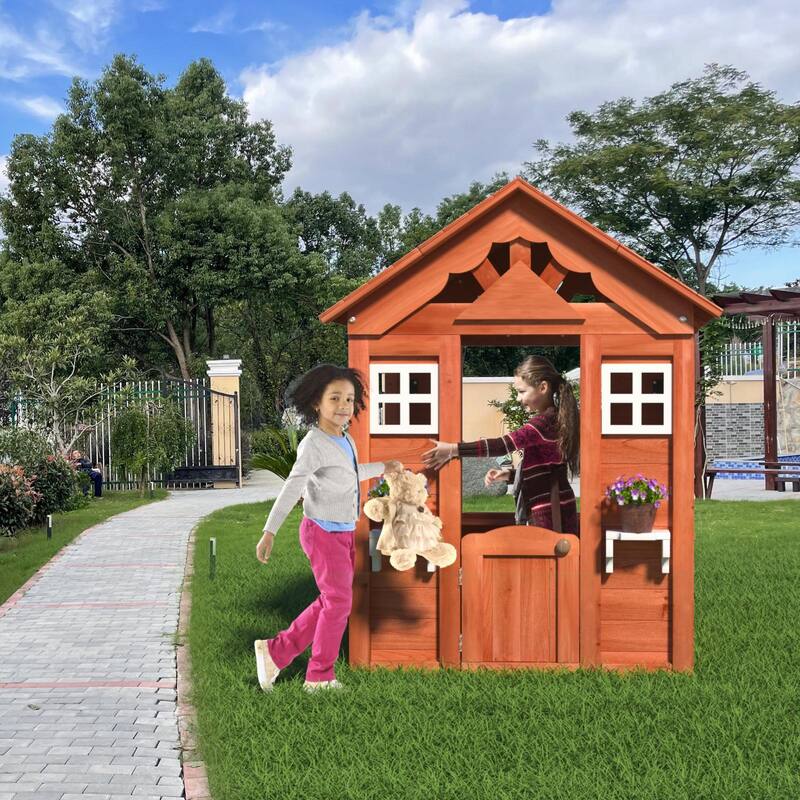 GDF Studio - Sunnydale Wooden Kids Playhouse with Windows & Flowerpot Holders - Golden Red