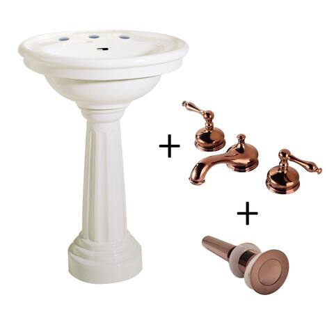 26" W Oval Biscuit Pedestal Bathroom Sink Porcelain Basin, Pedestal Leg, 8" Faucet, Drain, and Overflow Renovators Supply