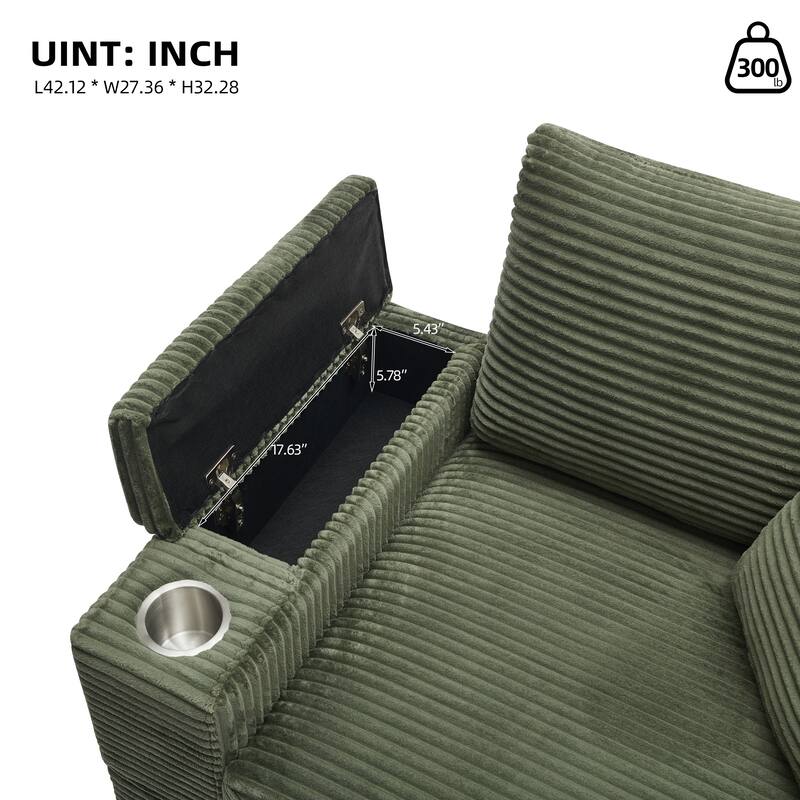 Corduroy Upholstered Chaise Lounge Sofa With Handrail Storage,Movable Ottoman,Cupholders,Detachable Cushions Deep Seat