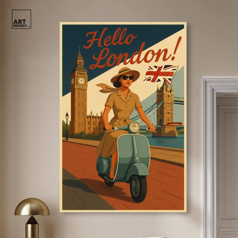 Scooter English Travel Canvas by Art Remedy, Gallery Wrapped