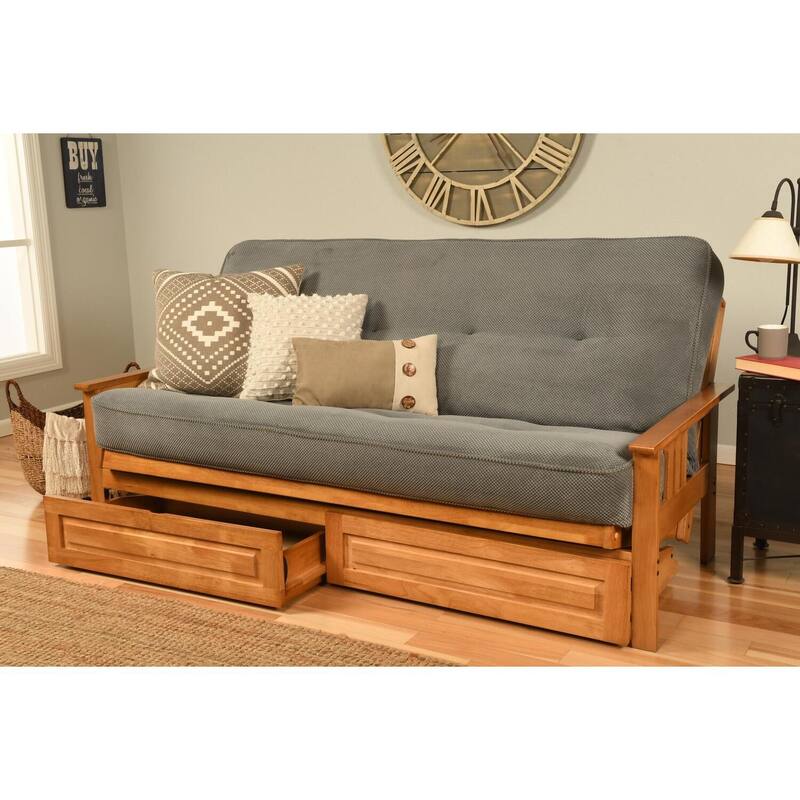 79 in. Butternut/Marmont Thunder Polyester Upholstered Full Size Futon Set with Mattress and Storage Drawers