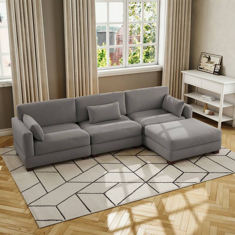 Corduroy Modular Sectional Sofa with Ottoman and Pillows
