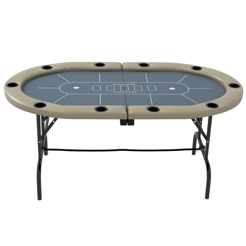 Soozier Foldable 70" Oval 10-Player Multi-Game Casino Poker Table with Integrated Cup Holders - Blue & Brown - N/A - Blue