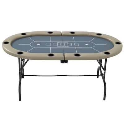 Soozier Foldable 70" Oval 10-Player Multi-Game Casino Poker Table with Integrated Cup Holders - Blue & Brown - N/A