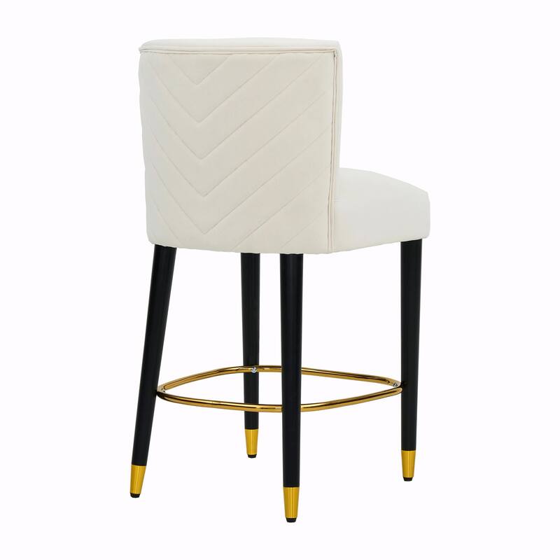 27-Inch Counterstool with Light-Colored Fabric and Gold-Tipped Circular Footrest