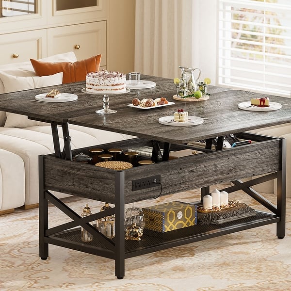 slide 2 of 8, Farmhouse Lift-Top Coffee Table with LED Lights and USB Port Grey Oak