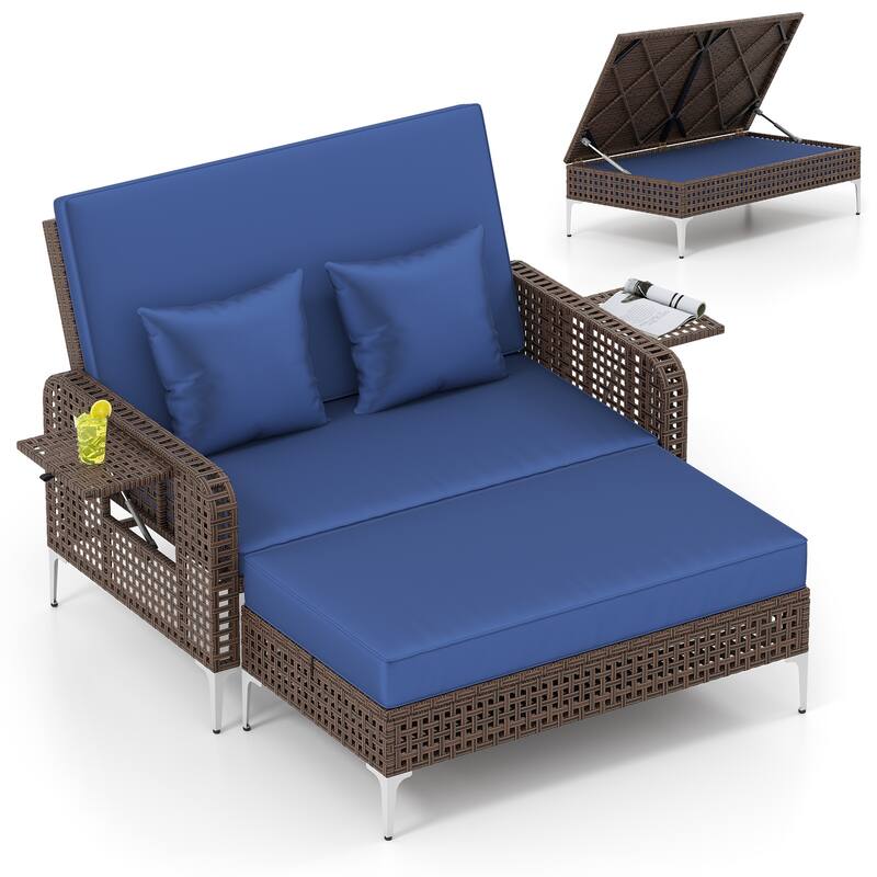 Gymax 2PCS Wicker Loveseat & Storage Ottoman w/ 4-Level Backrest &
