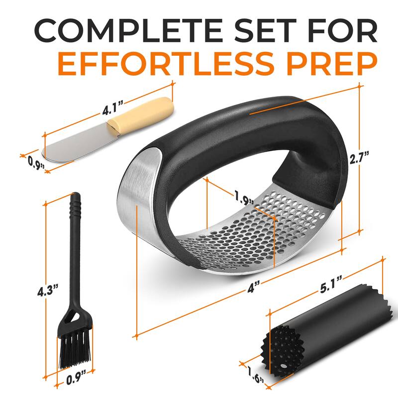 Cheer Collection Stainless Steel Garlic Press Rocker Set with Peeler Scraper and Cleaning Brush Black