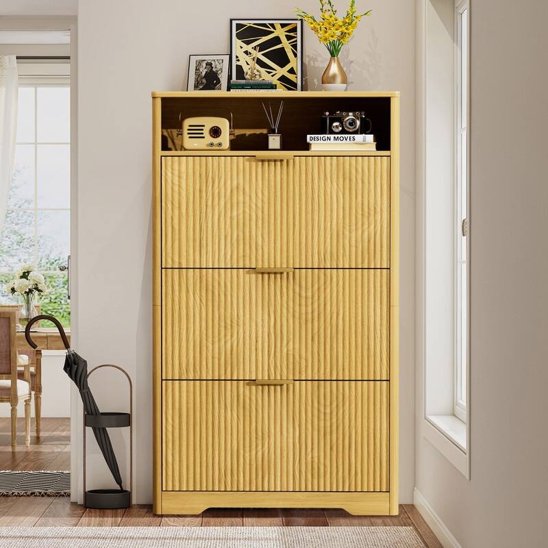 54.4" Tall Free Standing Storage Organizer with Hidden Compartments for Entryway Shoes - Natural