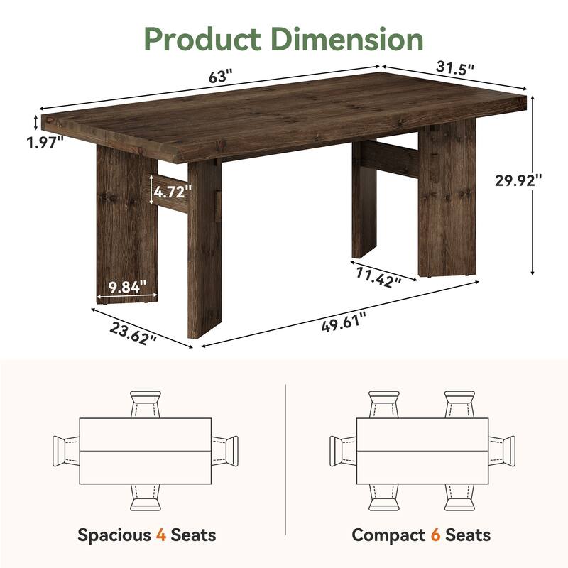 63-Inch Dining Table for 4-6 People, Solid Wood Kitchen Table