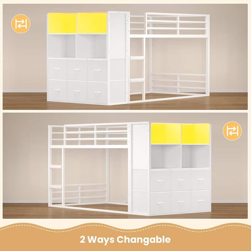 Twin Size Low Loft Bed 6 Fabric Storage Drawers LED Lights Twin Over Twin Bunk Bed