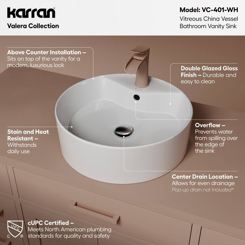 Karran Valera 18" Vitreous China Vessel Bathroom Sink in White with Overflow Drain