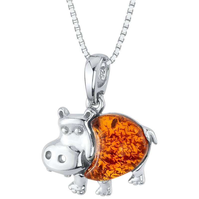 Amber Hippo Animal Pendant in Sterling Silver
