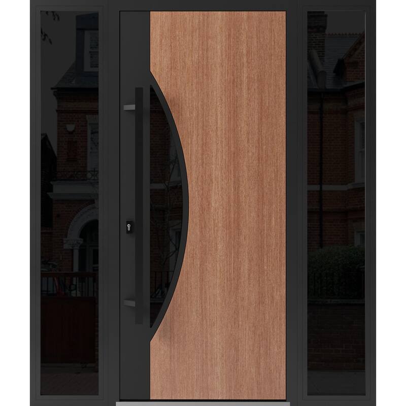 Front Exterior Prehung Steel Door Ronex 1077 Teak Entry Metal Painted W36xH80 Left hand Inswing - Taupe - 64 x 80