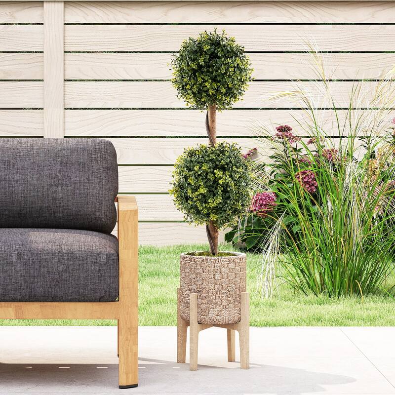 3 Feet Set of 2 Artificial Topiary Ball Trees Faux Shrubs with Birch Trunks for Indoor Outdoor Decor - 35.5"
