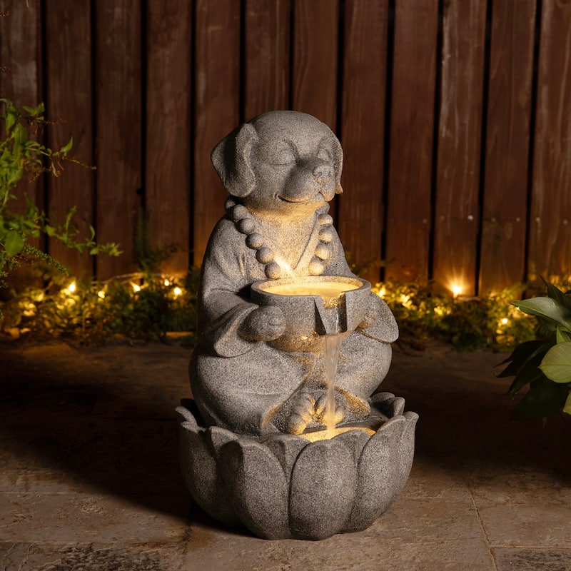 Glitzhome 21.75"H 2-Tiered Zen-Style Polyresin Cat Dog Statue Outdoor Fountain with LED Lights