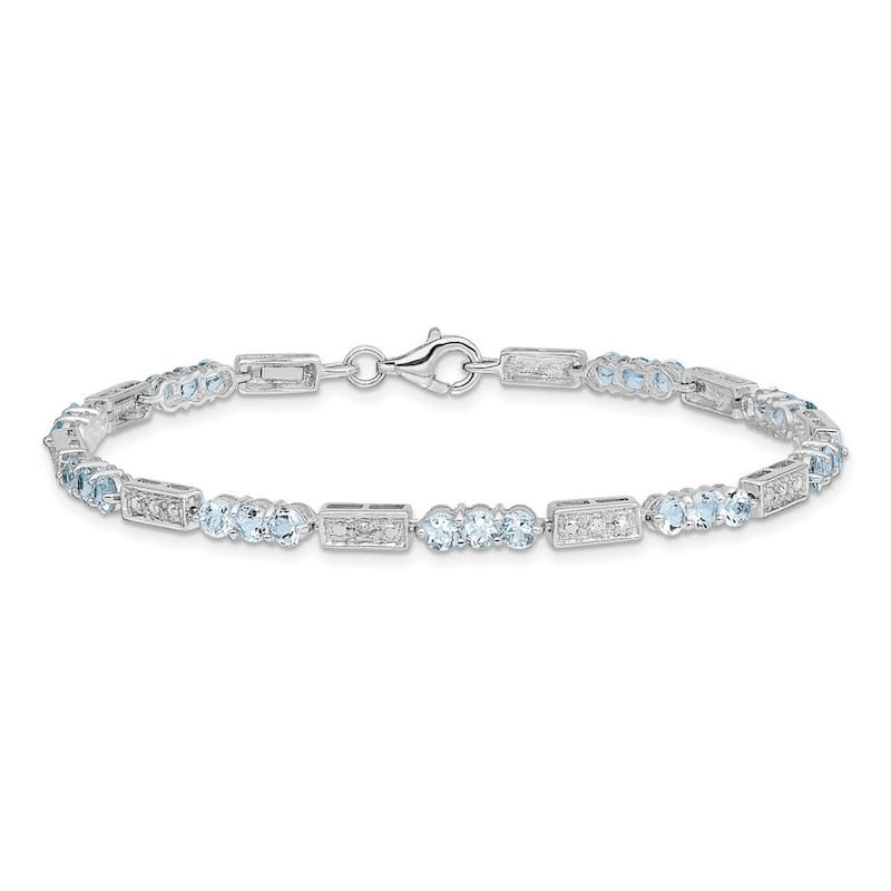 Curata 925 Sterling Silver Rhodium Vintage Aquamarine, Tanzanite or Sapphire and Diamond Bracelet