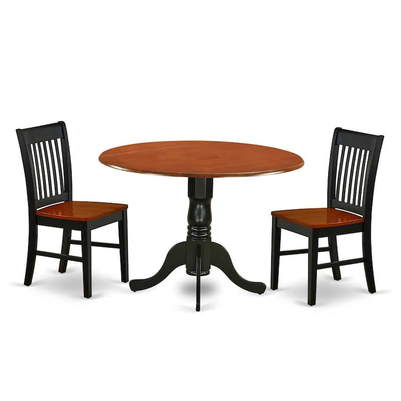 HomeStock 3-Piece Round Black and Cherry Finish Solid Wood Top Dining Table with 2 Chairs with Drop Leaf