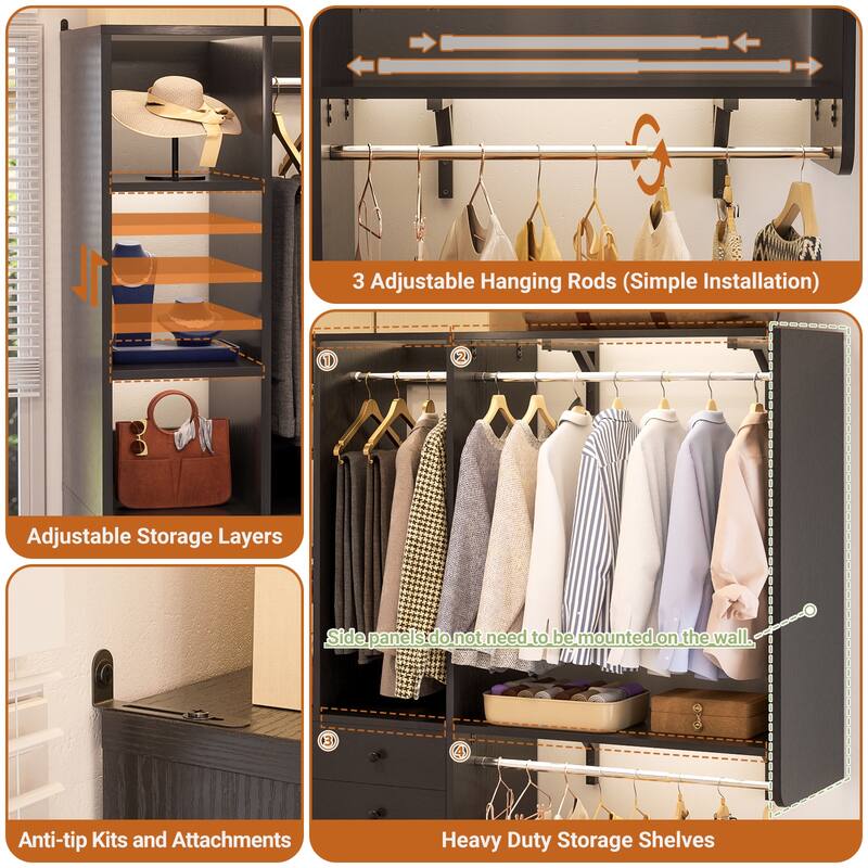 56'' - 120'' Set of 2 Closet System with Shoe Rack, Closet Organizer with Drawers and Hanging Rods