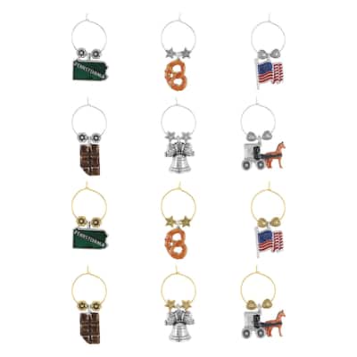 Wine Things 12-Piece Wine Charms/Wine Glass Tags/Drink Markers for Stem Glasses, Wine Tasting Party (Pennsylvania)