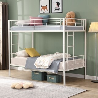 Industrial Modern Twin over Twin Metal Bunk Bed with 2 Stairs, Save Space or Split Into 2 Beds, Durability & Stability, White