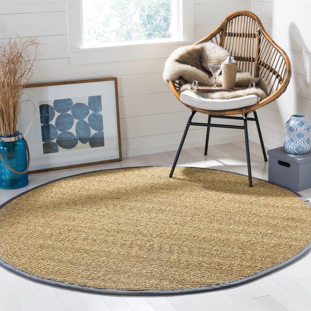 SAFAVIEH Natural Fiber Oceana Herringbone Seagrass Rug - 6' x 6' Round - Natural/Dark Grey