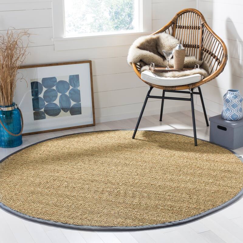 SAFAVIEH Natural Fiber Oceana Herringbone Seagrass Rug - 6' x 6' Round - Natural/Dark Grey