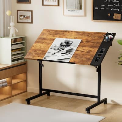 Javlergo Vintage Drawing Drafting Table, Adjustable Tilting Top Art Desk Craft Work Station with Pencil Ledge
