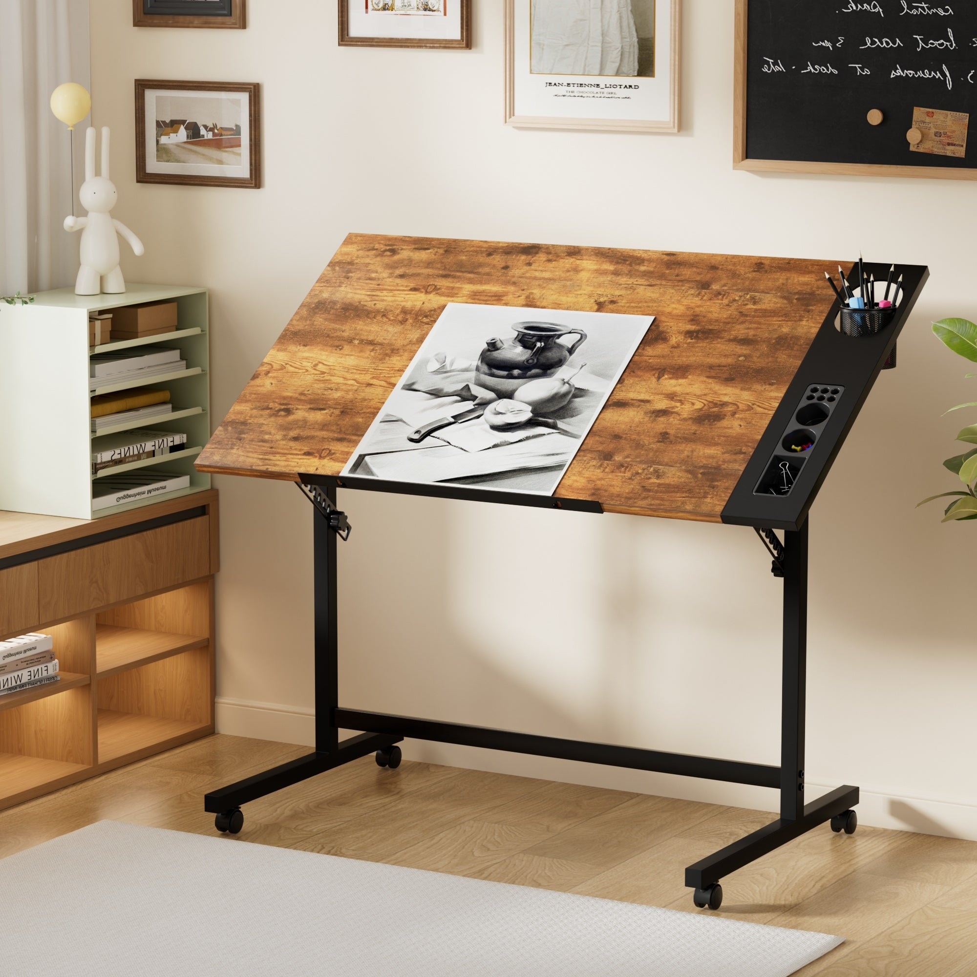 Javlergo Black Frame Vintage Brown Drawing Table Adjustable Angle Rolling Art Desk with Storage Brake Wheels for Drawing Writing