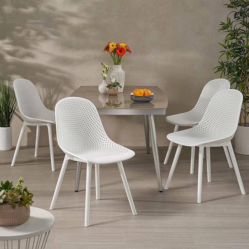 Roomfitters Modern Perforated Dining Chairs (Set of 4), Sleek Lightweight Design for Indoor Outdoor Spaces - White