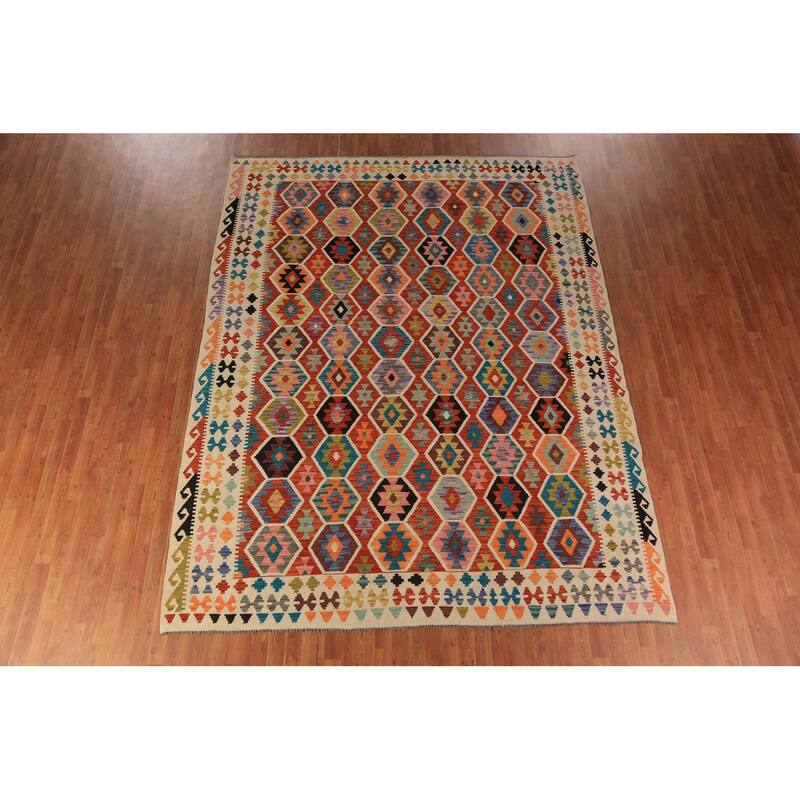 All-Over Geometric Kilim Oriental Area Rug Hand-Woven Wool Carpet - 8'8"x 11'3"
