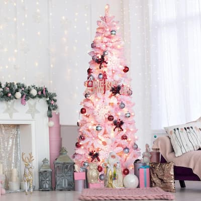 VEIKOUS Pre-Lit Artificial Christmas Tree Pencil Snow with Foldable Iron Stand with LED lights, 5.5/6.5/7.5 ft