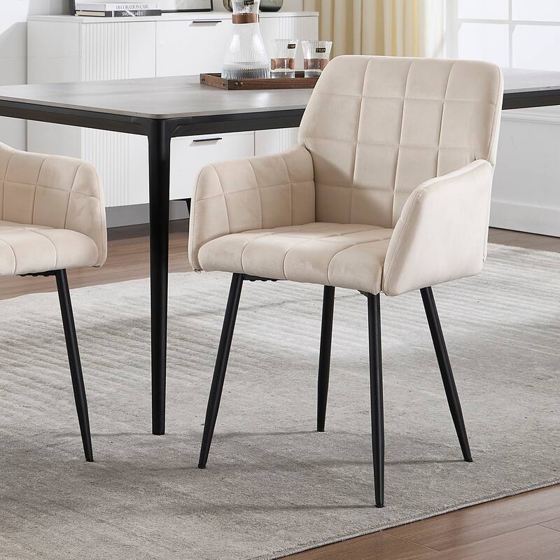 Set of 2 Velvet Upholstered Dining Chairs with Armrests and Metal Legs