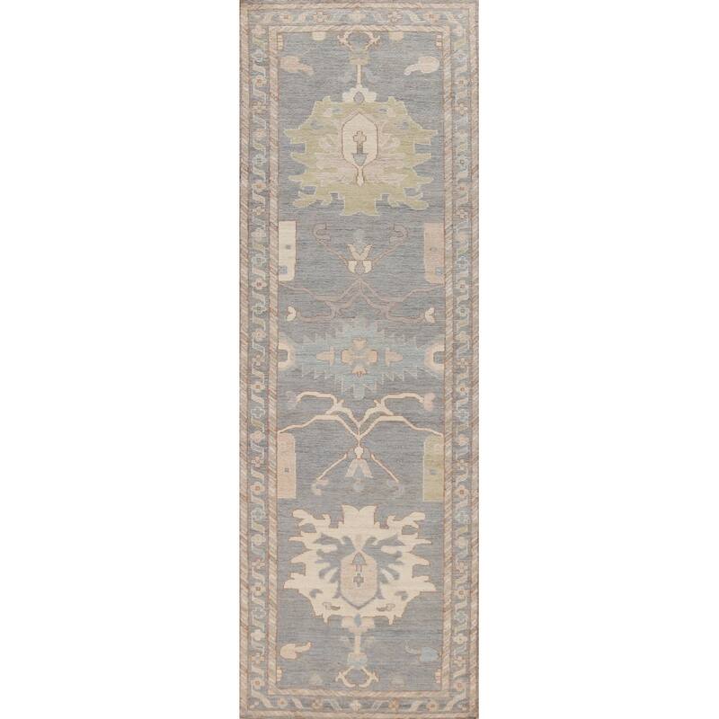 Hand Knotted Oriental 100% Wool Carpet Transitional Floral Greys & Charcoal Oushak Runner Rug - 11' 10'' X 3' 0''