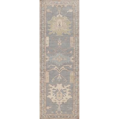Hand Knotted Oriental 100% Wool Carpet Transitional Floral Greys & Charcoal Oushak Runner Rug - 11' 10'' X 3' 0''