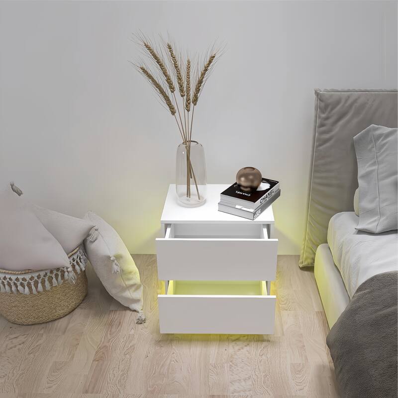 White Color High Glossy 2 Drawers Bedside Table with RGB Led Light Nightstand with Bluetooth Control