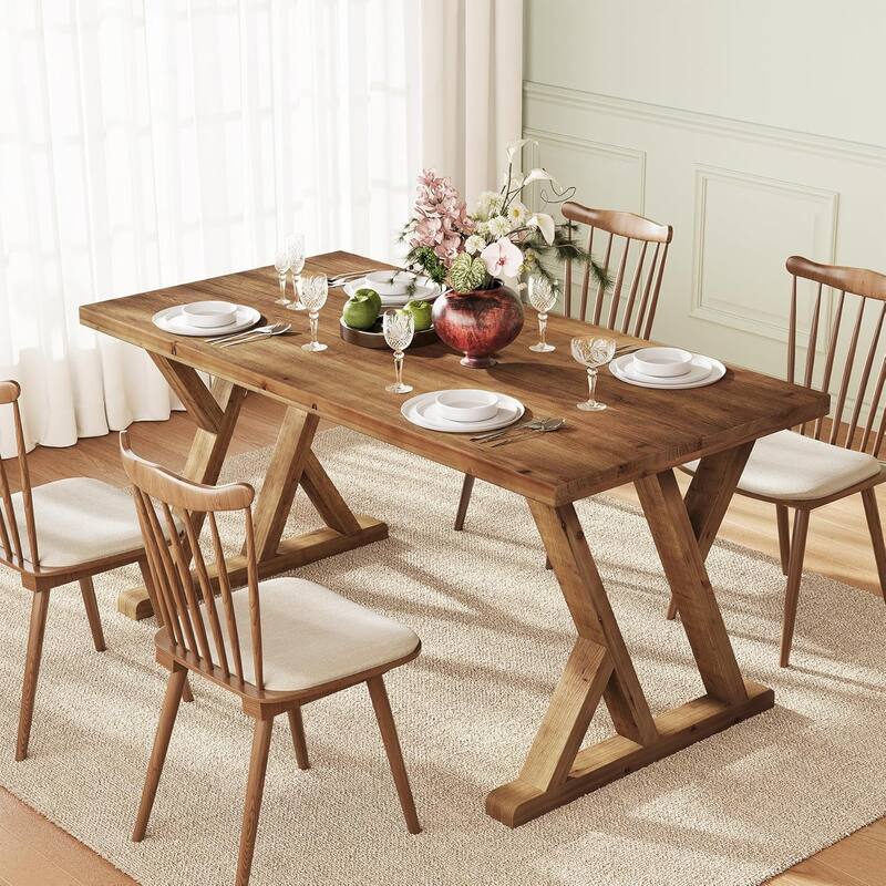 63 Inches Farmhouse Rectangular Solid Wood Dining Table for 4-6 People