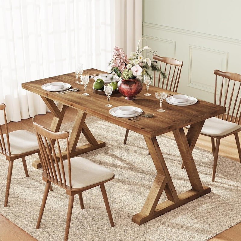 Solid Wood Dining Table for 4-6 People, 63 Inch Rectangular Farmhouse Kitchen Table - 62.99" L x 31.5" W x 29.92" H
