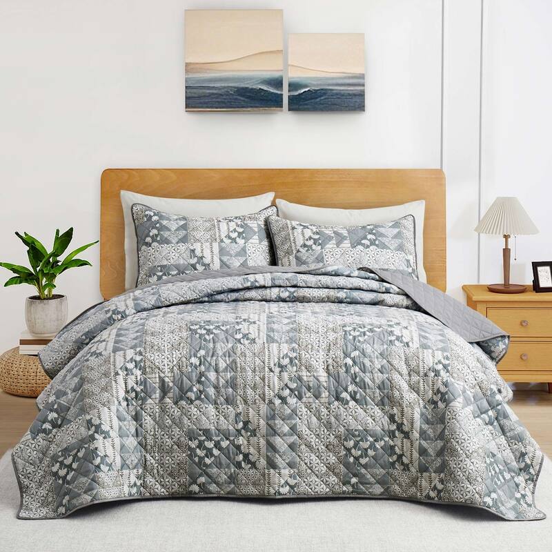 3 PCS Printed Coverlet Set Floral Geometric Bedspread Reversible Quilt and Shams Set - Full - Queen - Patina