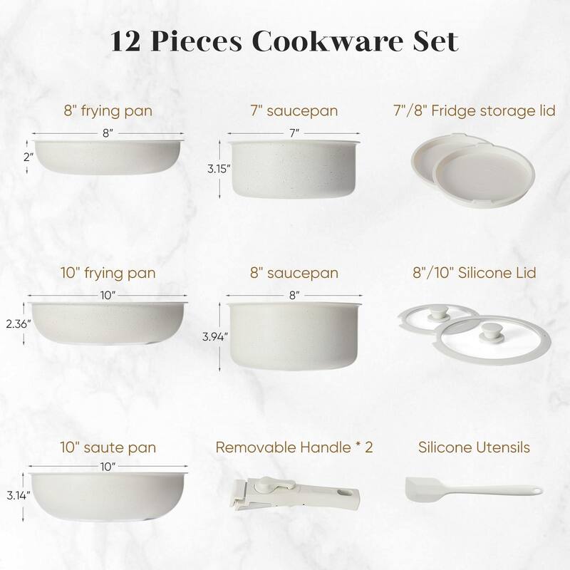 Rossetta 12-Piece Granite Non-Stick Kitchen Cookware Set with Detachable Handles - White - Set of 12