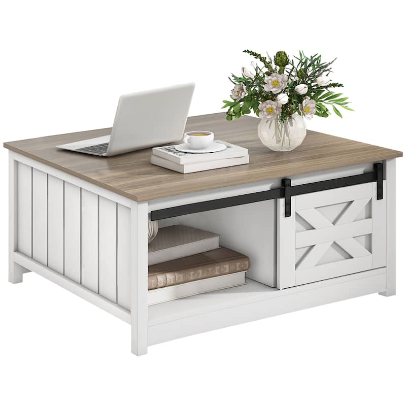 Moasis Farmhouse Coffee Table Wooden Square Center Table with Sliding Barn Door Small Coffee Table with Half Open Storage - Grey