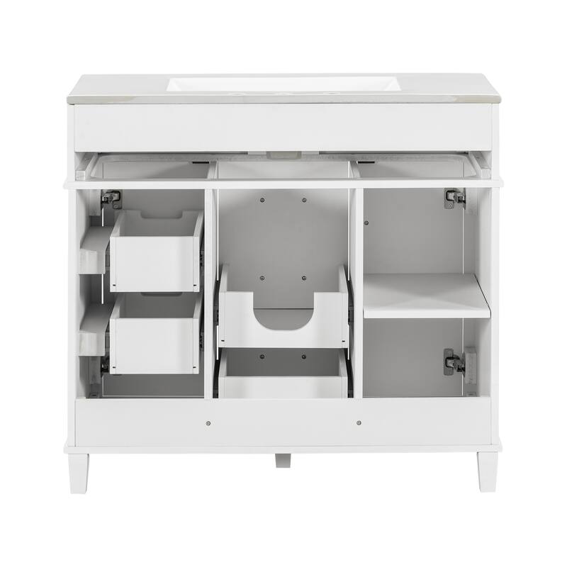 36" White Bathroom Vanity Cabinet With Versatile Storage - 4 Soft Close Drawers 1 Adjustable Shelf, 2 Soft Close Doors
