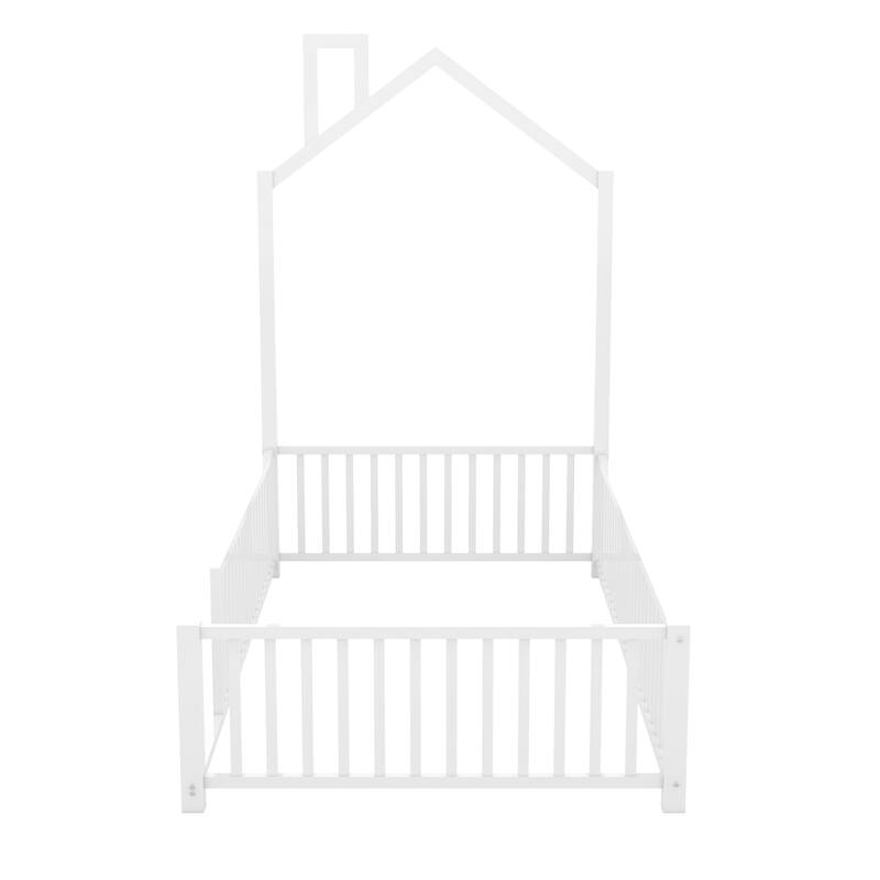 Twin Size Metal House Platform Bed with Guardrail and Chimney, White