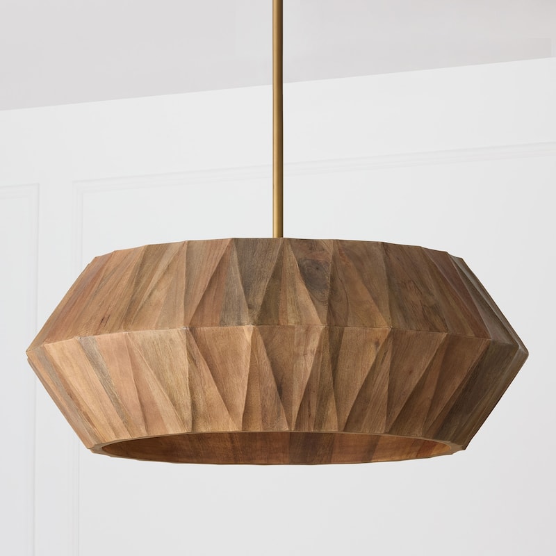 29" W x 11" H 6-Light Pendant in Hand-distressed Patinaed Brass and Handcrafted Mango Wood - 29"W x 11"H