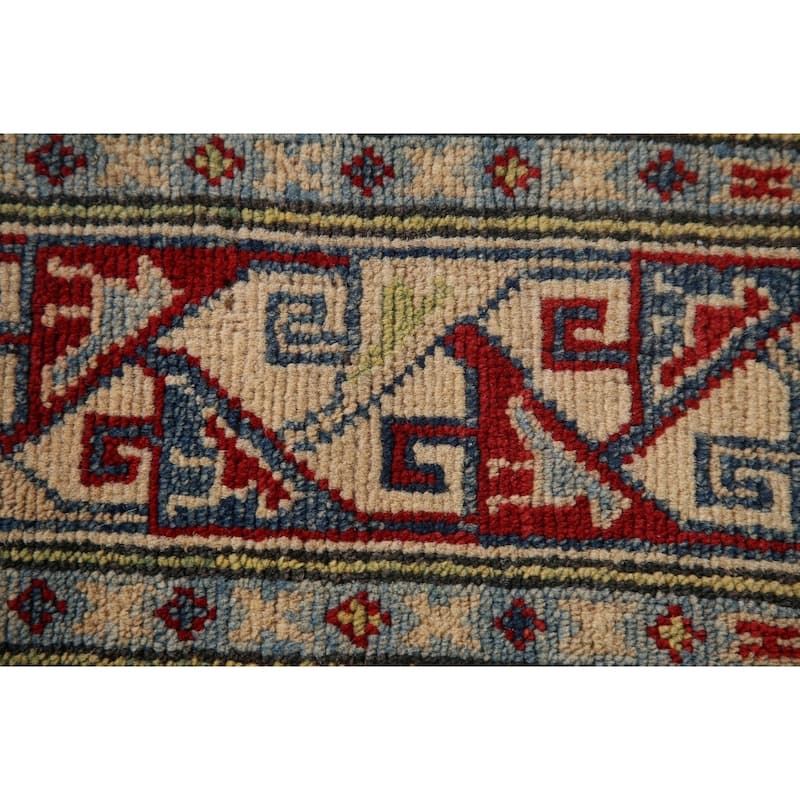 Blue Geometric Kazak Area Rug Handmade Oriental Wool Carpet - 6'0" x 9'8"