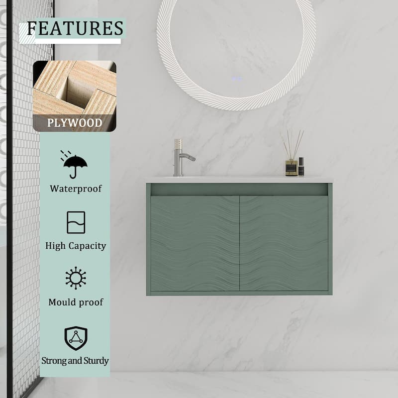 30 inch Wall-Mounted Bathroom Vanity Set in Green with Integrated Resin Sink