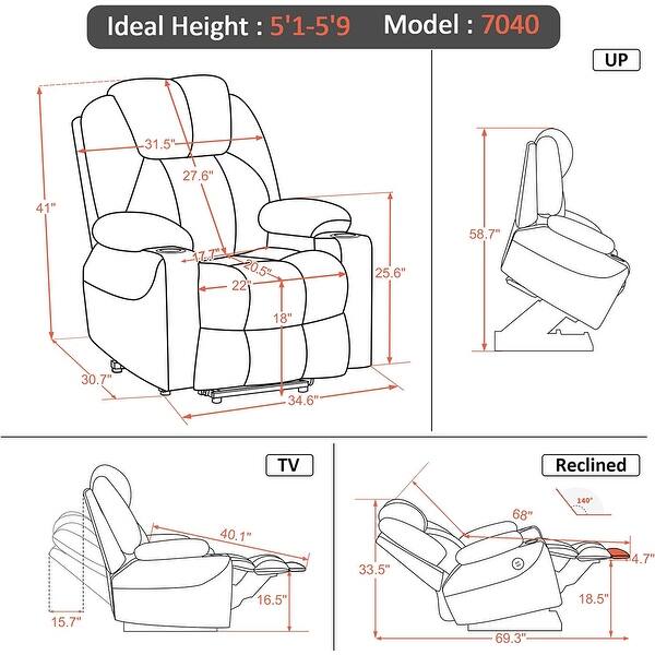 dimension image slide 0 of 4, MCombo Electric Power Lift Recliner Chair Sofa with Massage and Heat for Elderly, 3 Positions, USB Ports, Faux Leather 7040