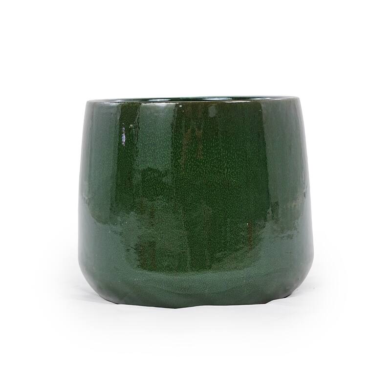 Antique Green Ceramic Planter Set of 4 - 13.8" Square Modern Plant Pots with Drainage & Stripes