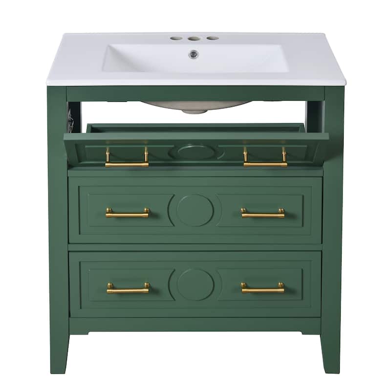 30''Bathroom Vanity With Ceramic Sink Combo,Free Standing Single Vanity Set With 3 Drawers,Solid Wood Frame Storage Cabinet