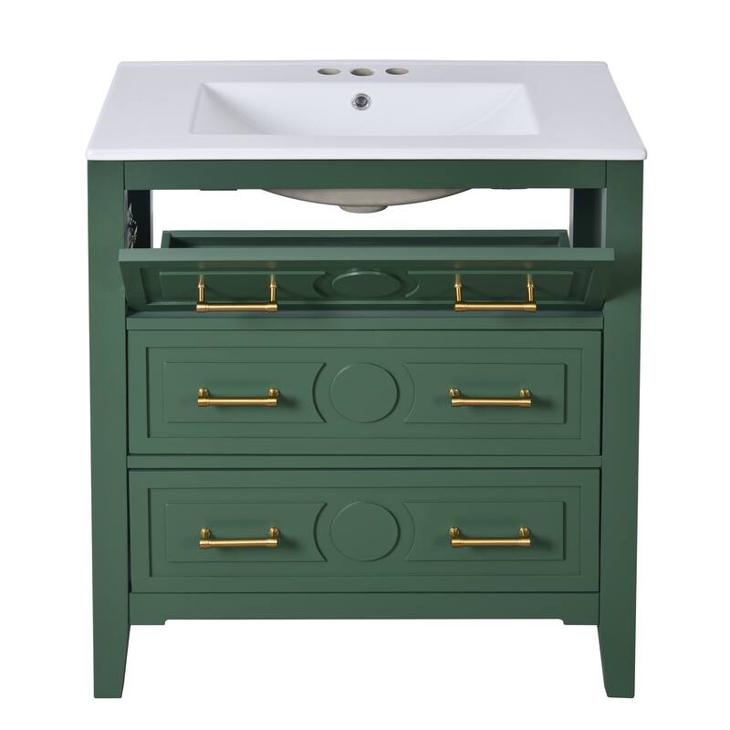 Roomfitters 30" Vanity with Ceramic Sink, Solid Wood Cabinet with 3 Drawers, Freestanding Bathroom Storage Unit